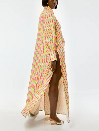 Multicolored Diamond-Print Bell-Sleeve Shirt Dress