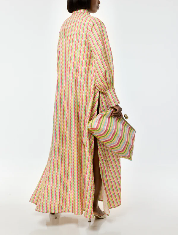 Multicolored Diamond-Print Bell-Sleeve Shirt Dress