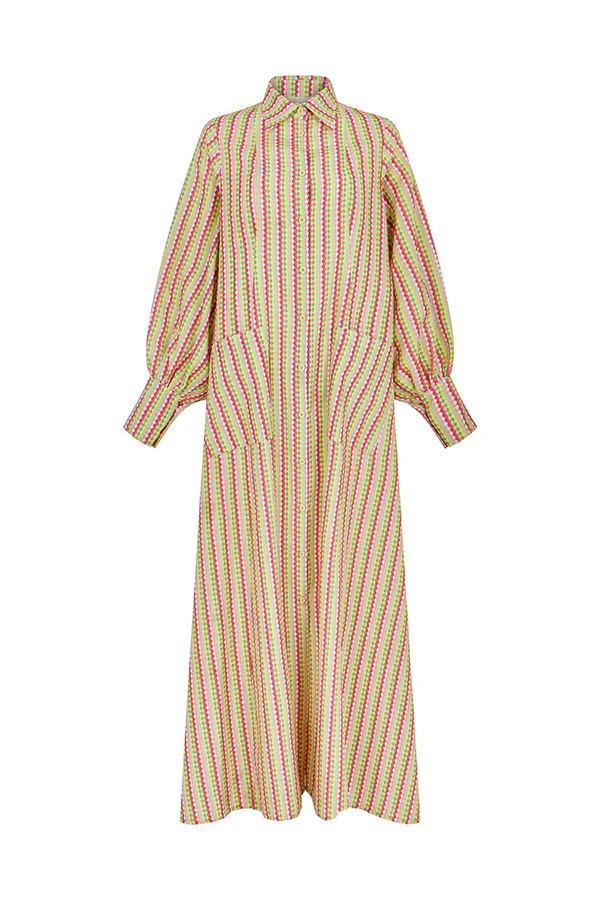 Multicolored Diamond-Print Bell-Sleeve Shirt Dress