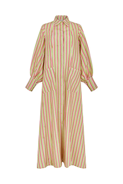 Multicolored Diamond-Print Bell-Sleeve Shirt Dress