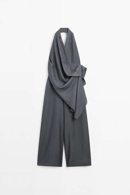 Asymmetric draped jumpsuit