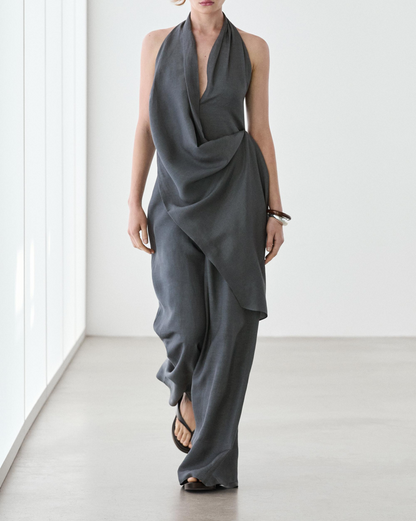 Asymmetric draped jumpsuit