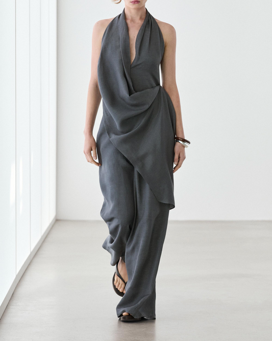 Asymmetric draped jumpsuit