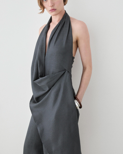 Asymmetric draped jumpsuit
