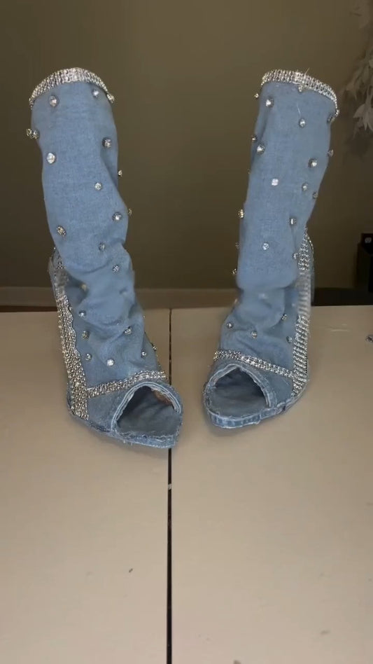 Open-toe diamond-studded denim shoes