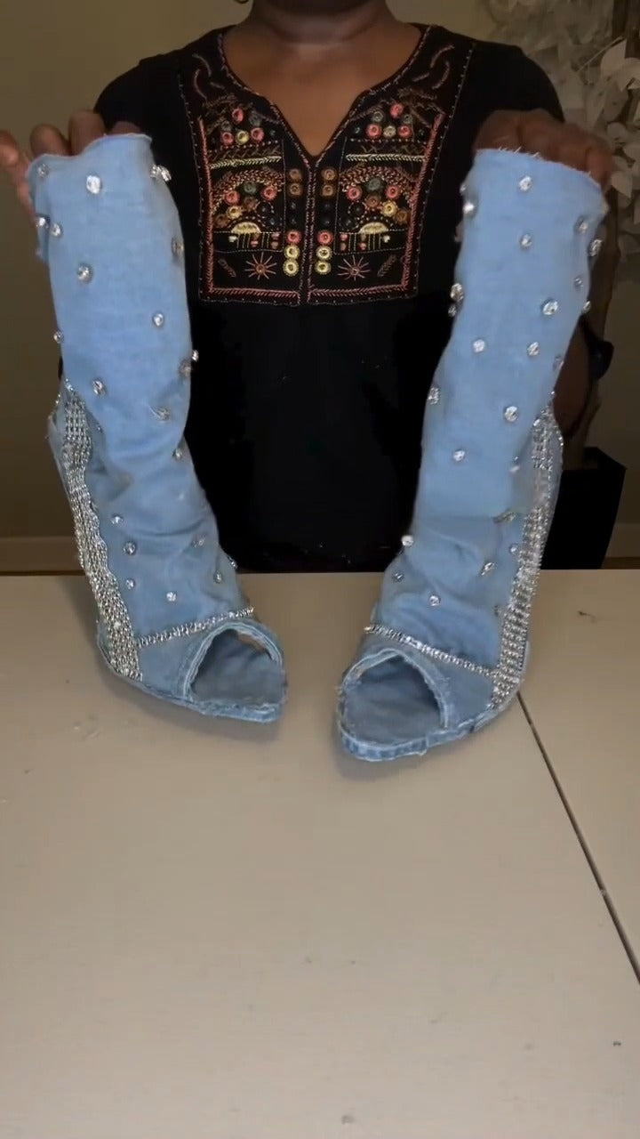Open-toe diamond-studded denim shoes
