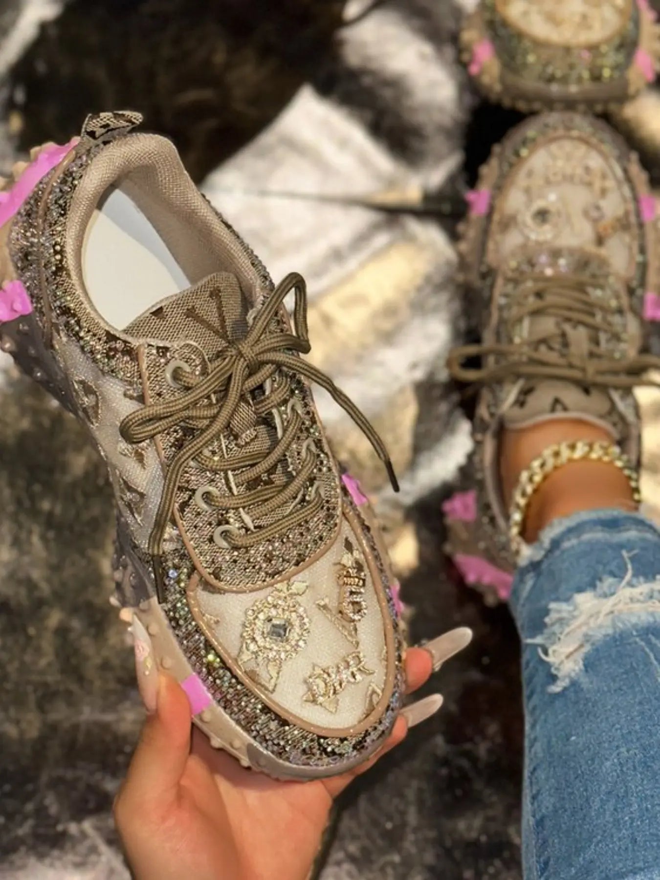 New Rhinestone Mesh Durian Sole Casual Trainer Shoes