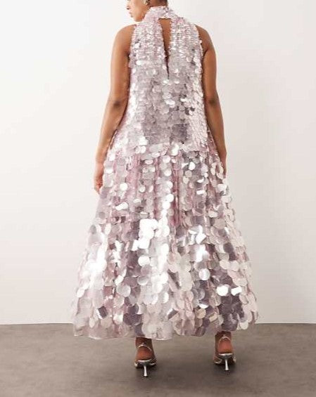 Sequin halter trapeze maxi dress in lilac