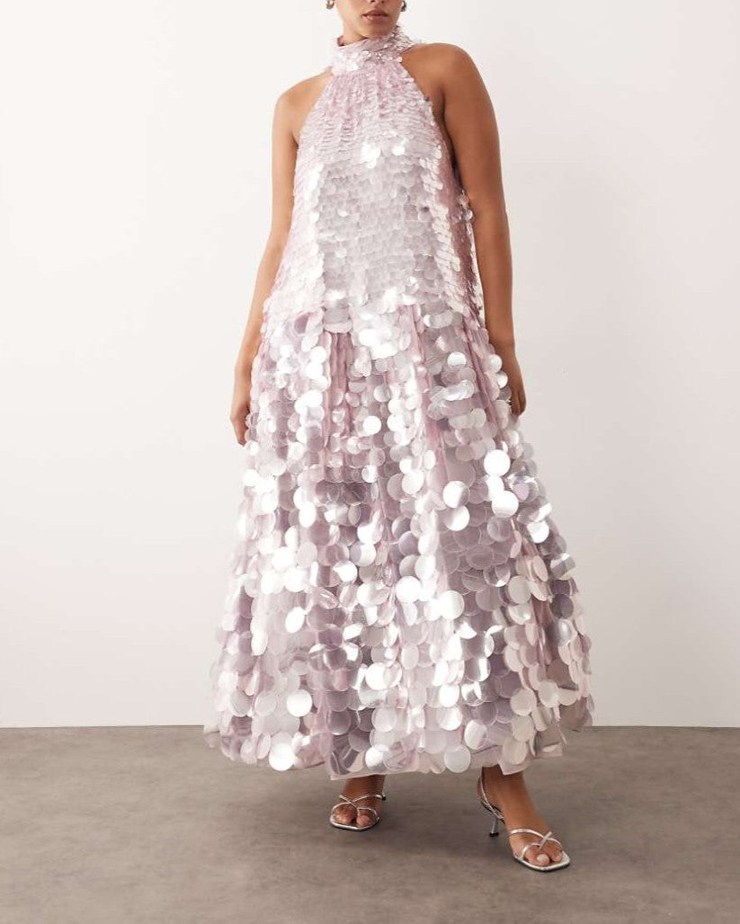 Sequin halter trapeze maxi dress in lilac