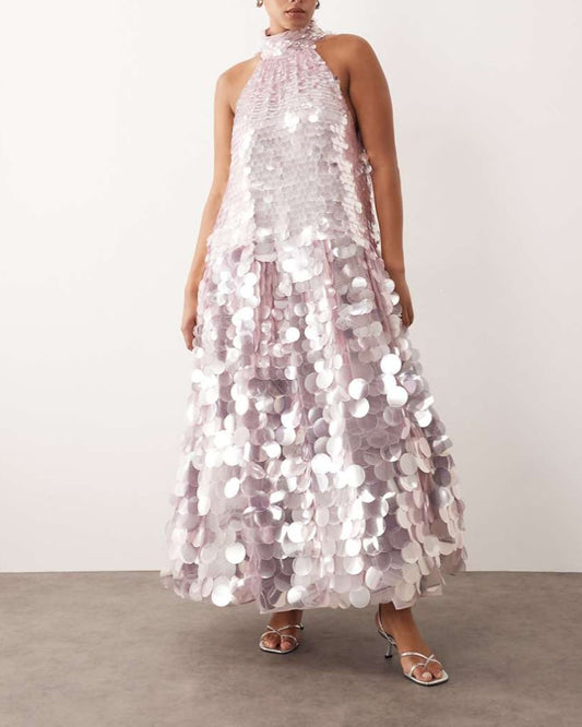 Sequin halter trapeze maxi dress in lilac