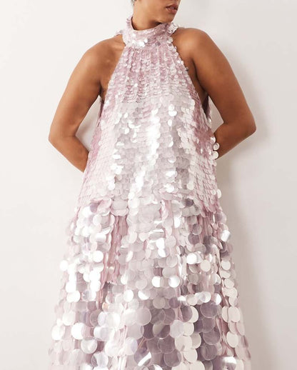Sequin halter trapeze maxi dress in lilac