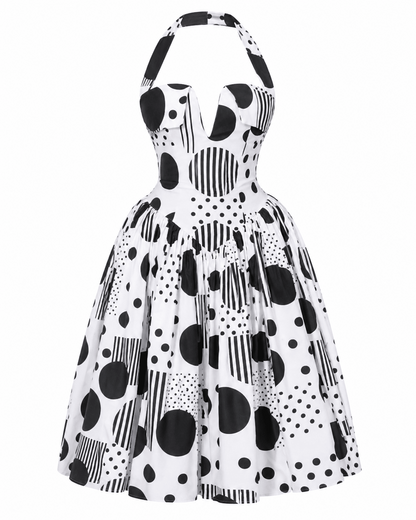 White Striped Polka Dot Corset Maxi Dress