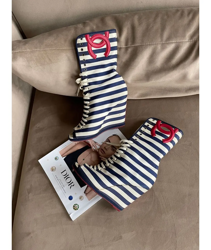 Striped Peep-Toe Wedge Boots