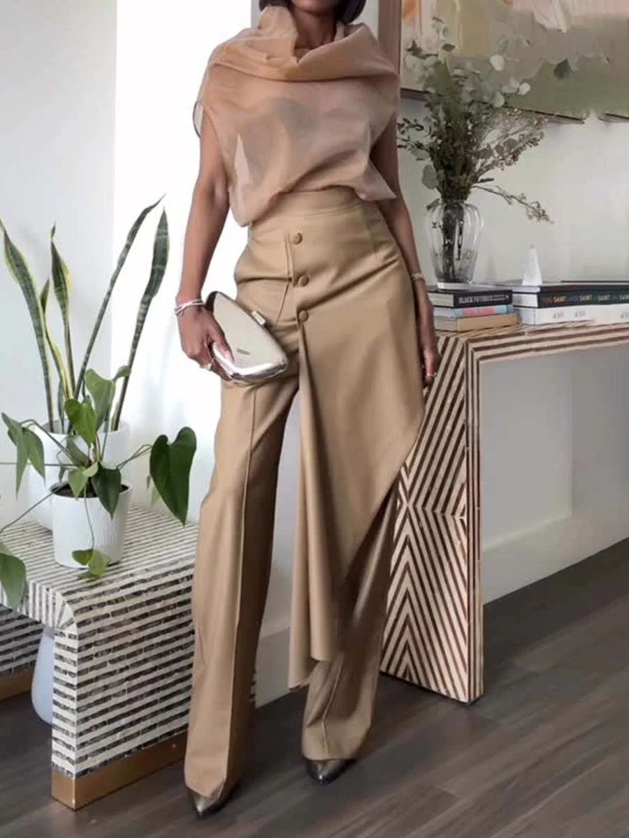 Sheer top + asymmetrical pants