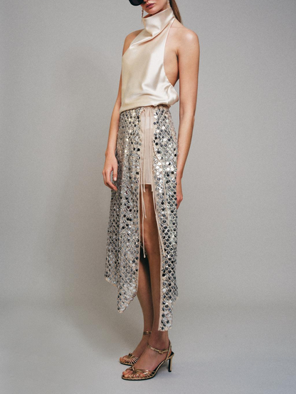 ASYMMETRIC SEQUIN MIDI SKIRT