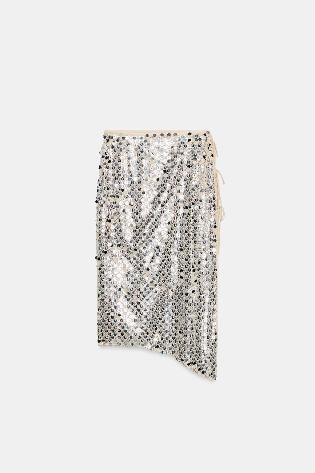 ASYMMETRIC SEQUIN MIDI SKIRT
