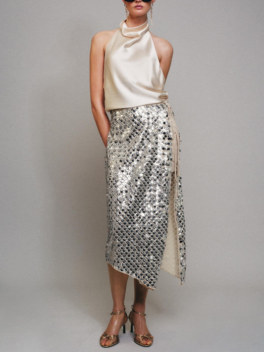 ASYMMETRIC SEQUIN MIDI SKIRT