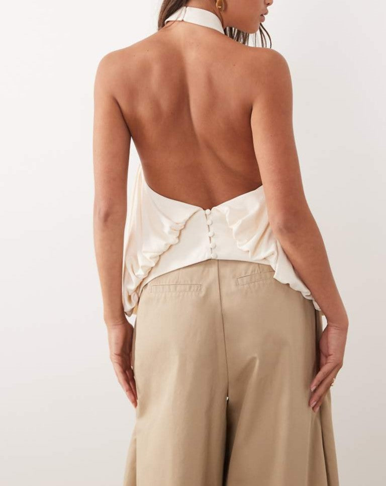 Chiffon ruffled backless blouse+High waist wide leg trouser