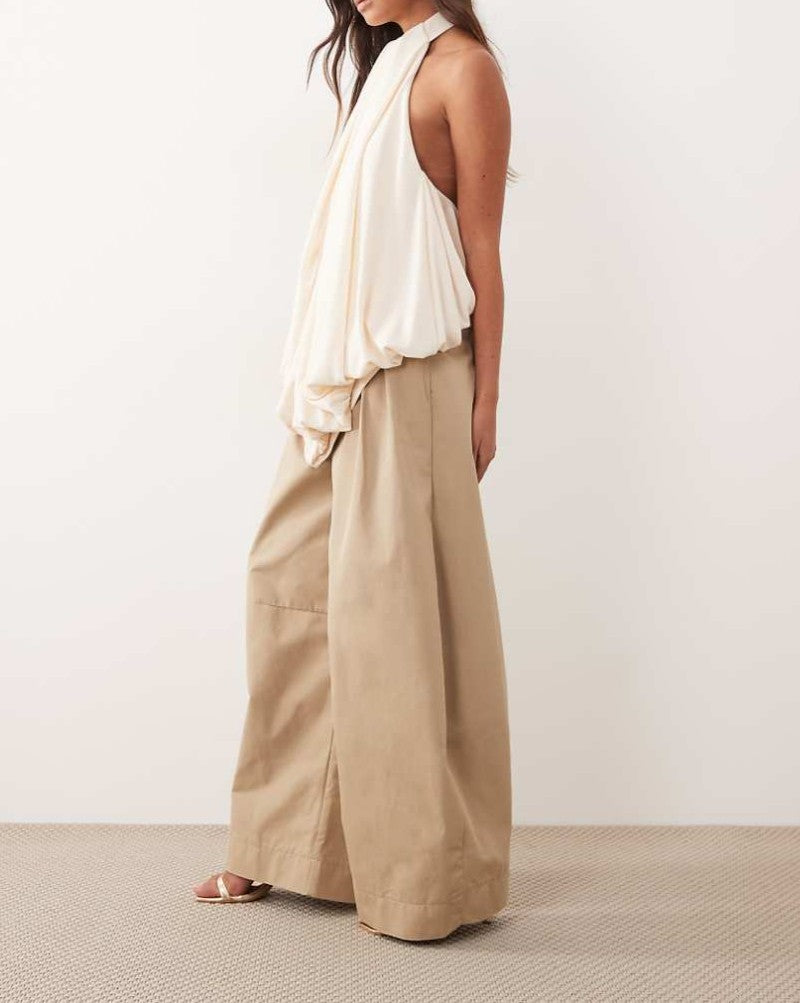 Chiffon ruffled backless blouse+High waist wide leg trouser