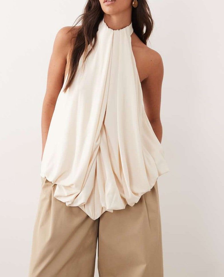 Chiffon ruffled backless blouse+High waist wide leg trouser