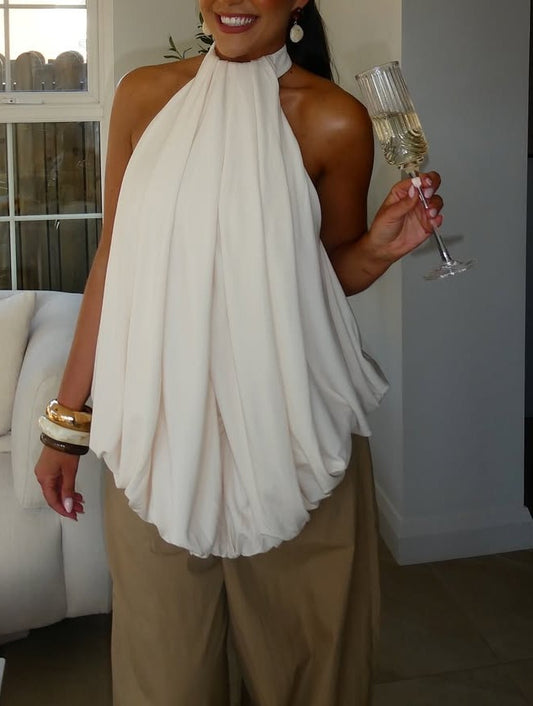 Chiffon ruffled backless blouse+High waist wide leg trouser
