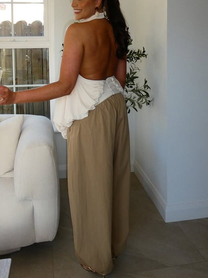 Chiffon ruffled backless blouse+High waist wide leg trouser