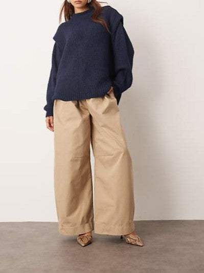 Chiffon ruffled backless blouse+High waist wide leg trouser