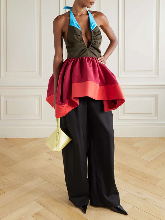 Contrast V-Neck Ruffled Neck Top