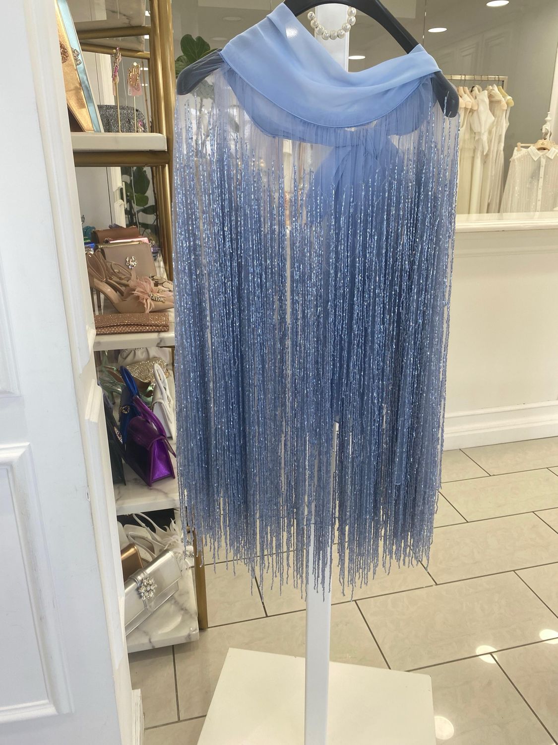 Shimmering Tulle Fringe  Blouse with Bow