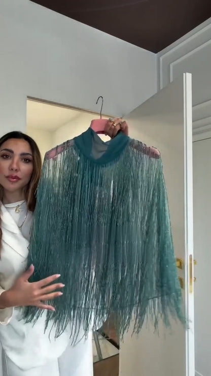 Shimmering Tulle Fringe  Blouse with Bow