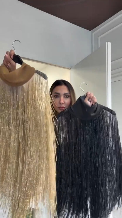 Shimmering Tulle Fringe  Blouse with Bow