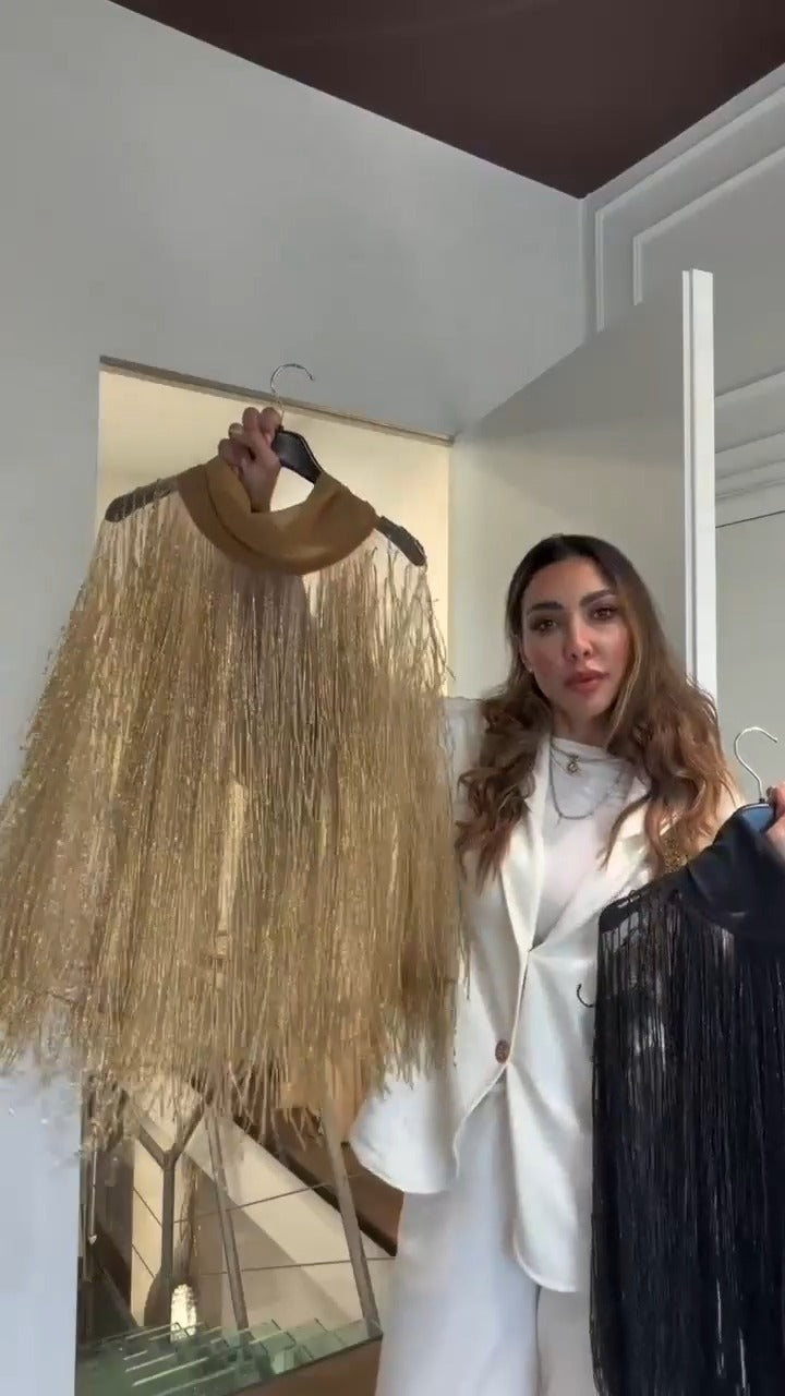 Shimmering Tulle Fringe  Blouse with Bow