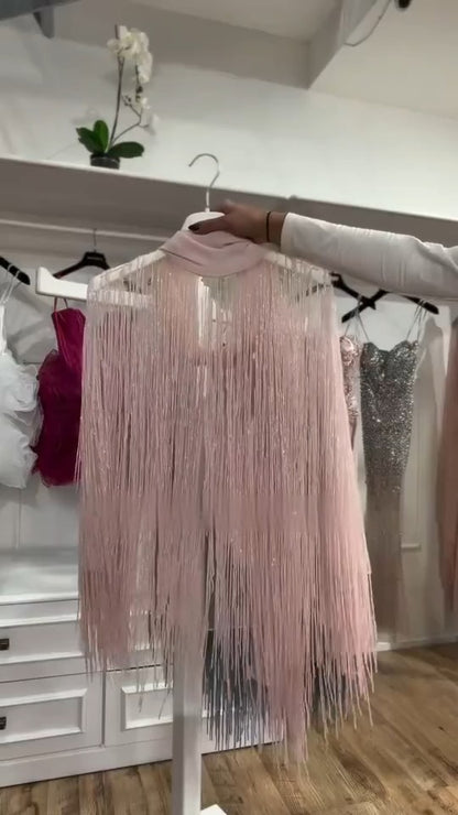 Shimmering Tulle Fringe  Blouse with Bow
