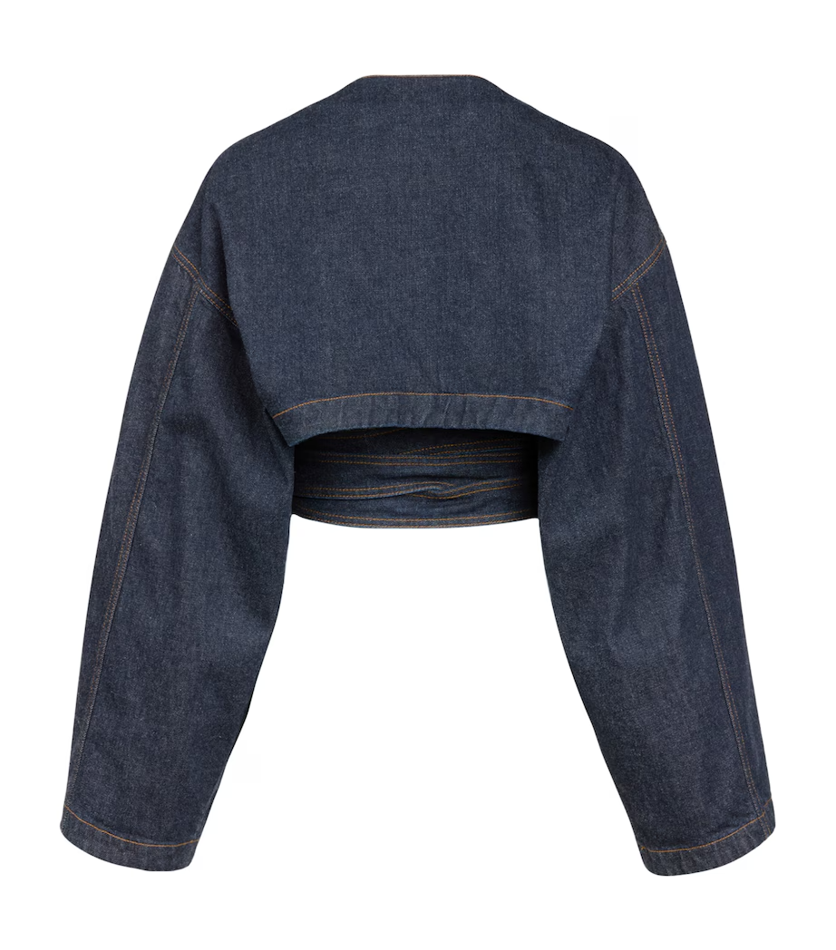 Cut-Out Cropped Denim Jacket+Flap Open-Leg Jeans