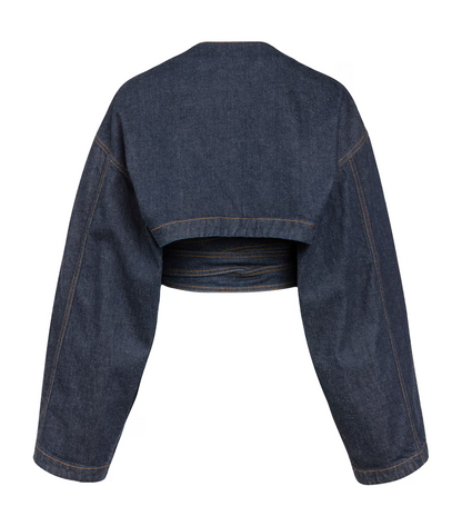 Cut-Out Cropped Denim Jacket+Flap Open-Leg Jeans