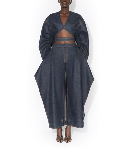 Cut-Out Cropped Denim Jacket+Flap Open-Leg Jeans