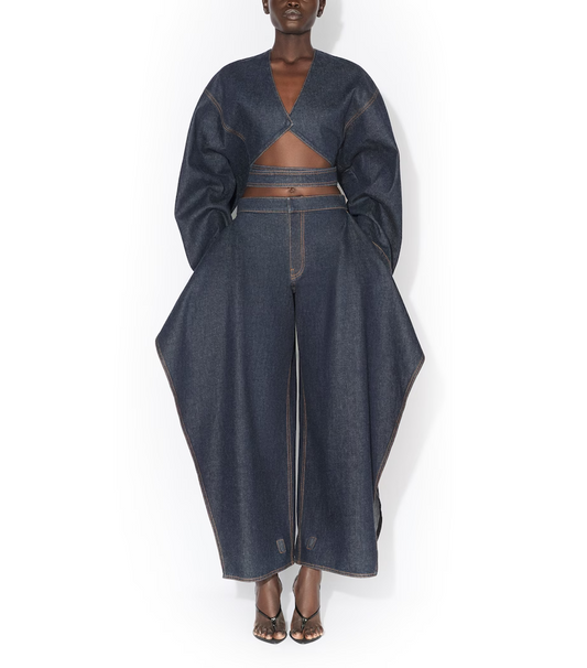 Cut-Out Cropped Denim Jacket+Flap Open-Leg Jeans