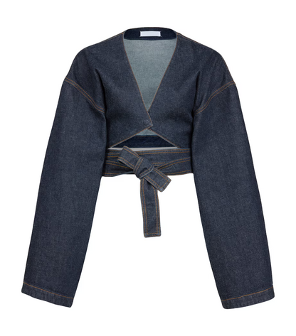 Cut-Out Cropped Denim Jacket+Flap Open-Leg Jeans