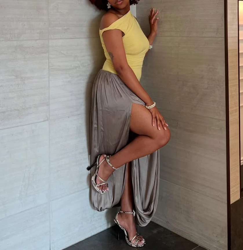 Asymmetric shoulder maxi dress