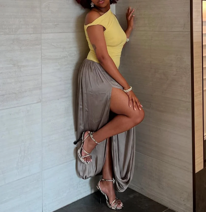 Asymmetric shoulder maxi dress