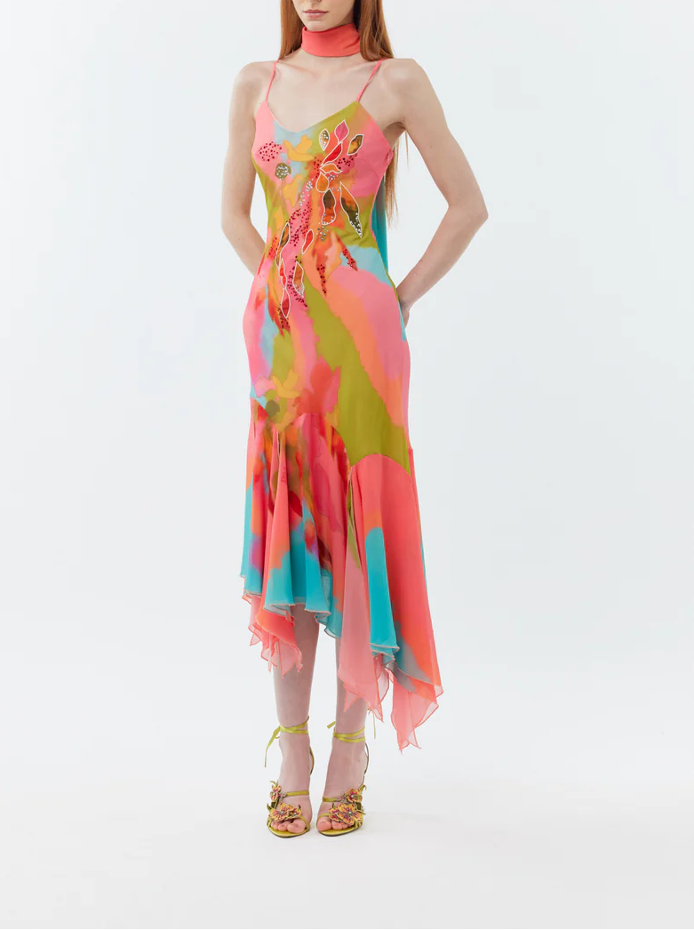 Printed strapless dress + scarf cape
