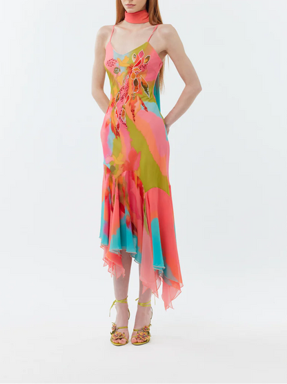 Printed strapless dress + scarf cape