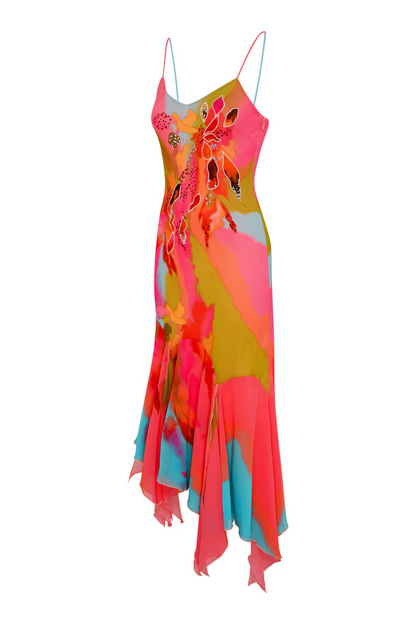 Printed strapless dress + scarf cape