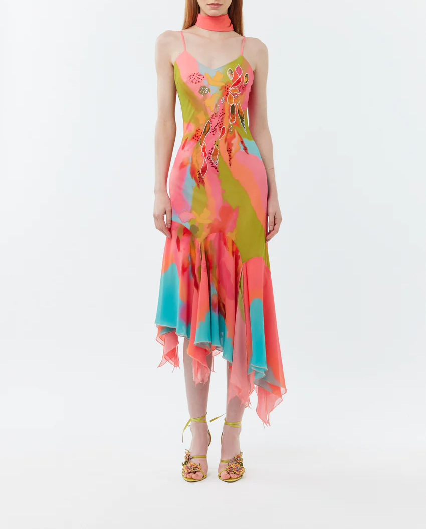 Printed strapless dress + scarf cape