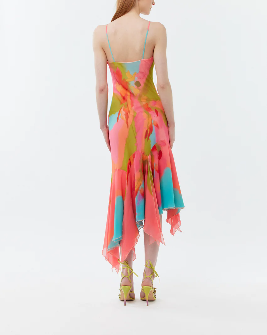 Printed strapless dress + scarf cape