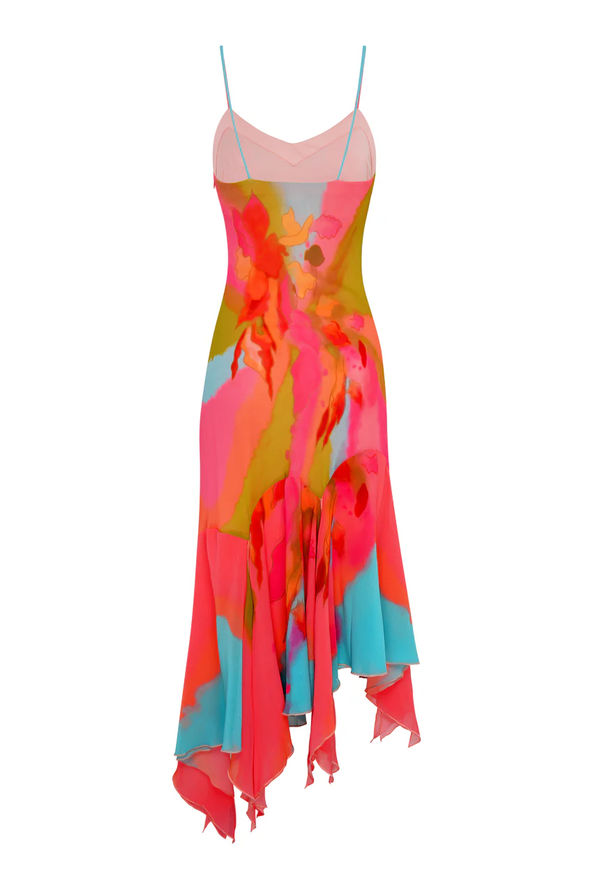 Printed strapless dress + scarf cape