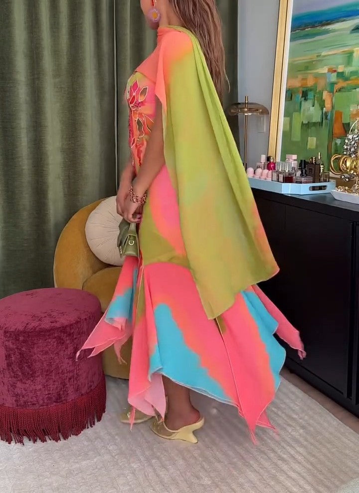 Printed strapless dress + scarf cape