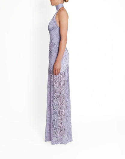 Pleated Lace Asymmetrical Maxi Dress