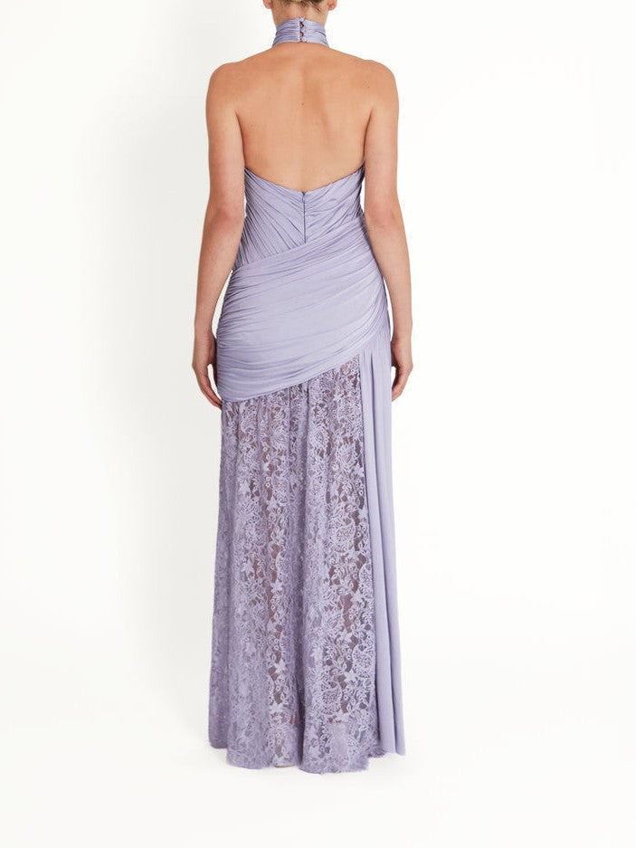 Pleated Lace Asymmetrical Maxi Dress