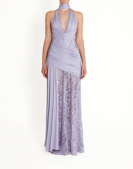 Pleated Lace Asymmetrical Maxi Dress